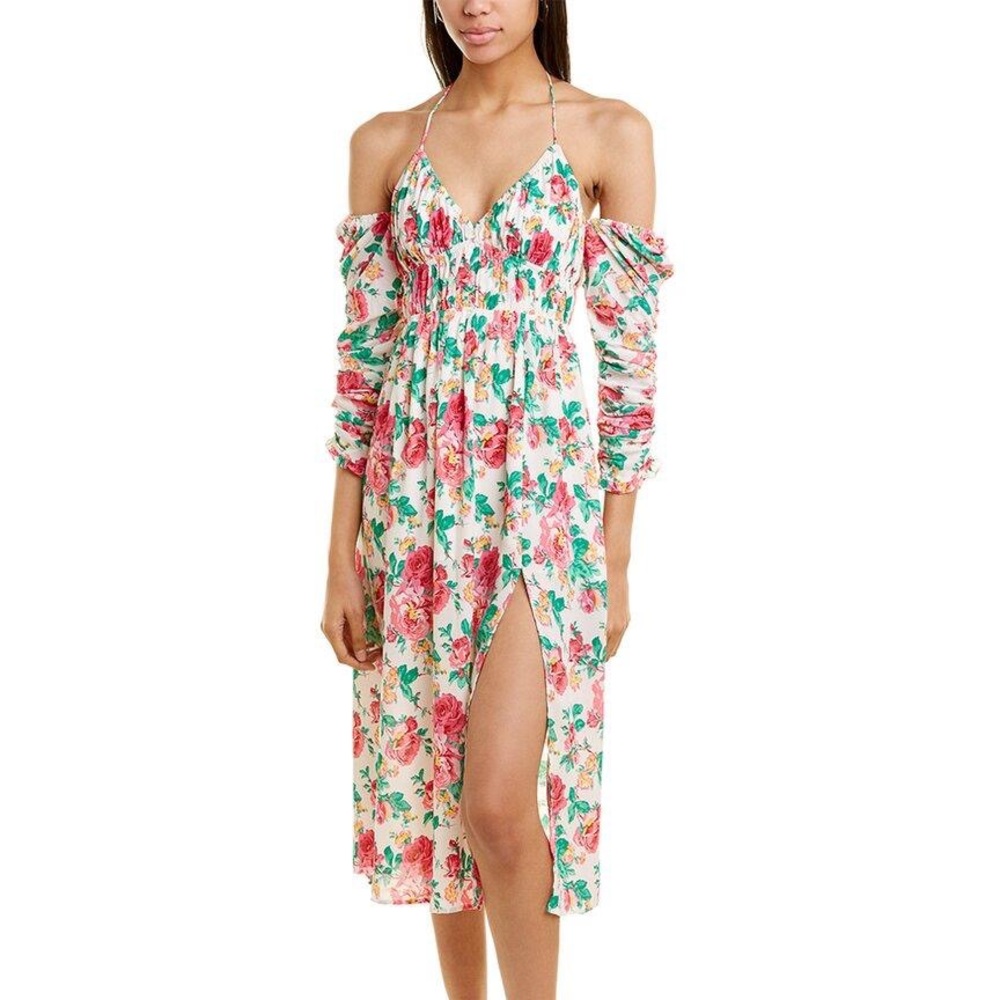 NWT For Love & Lemons Becca Floral Midi Dress Ivory Multi 3/4 Ruched Sleeves